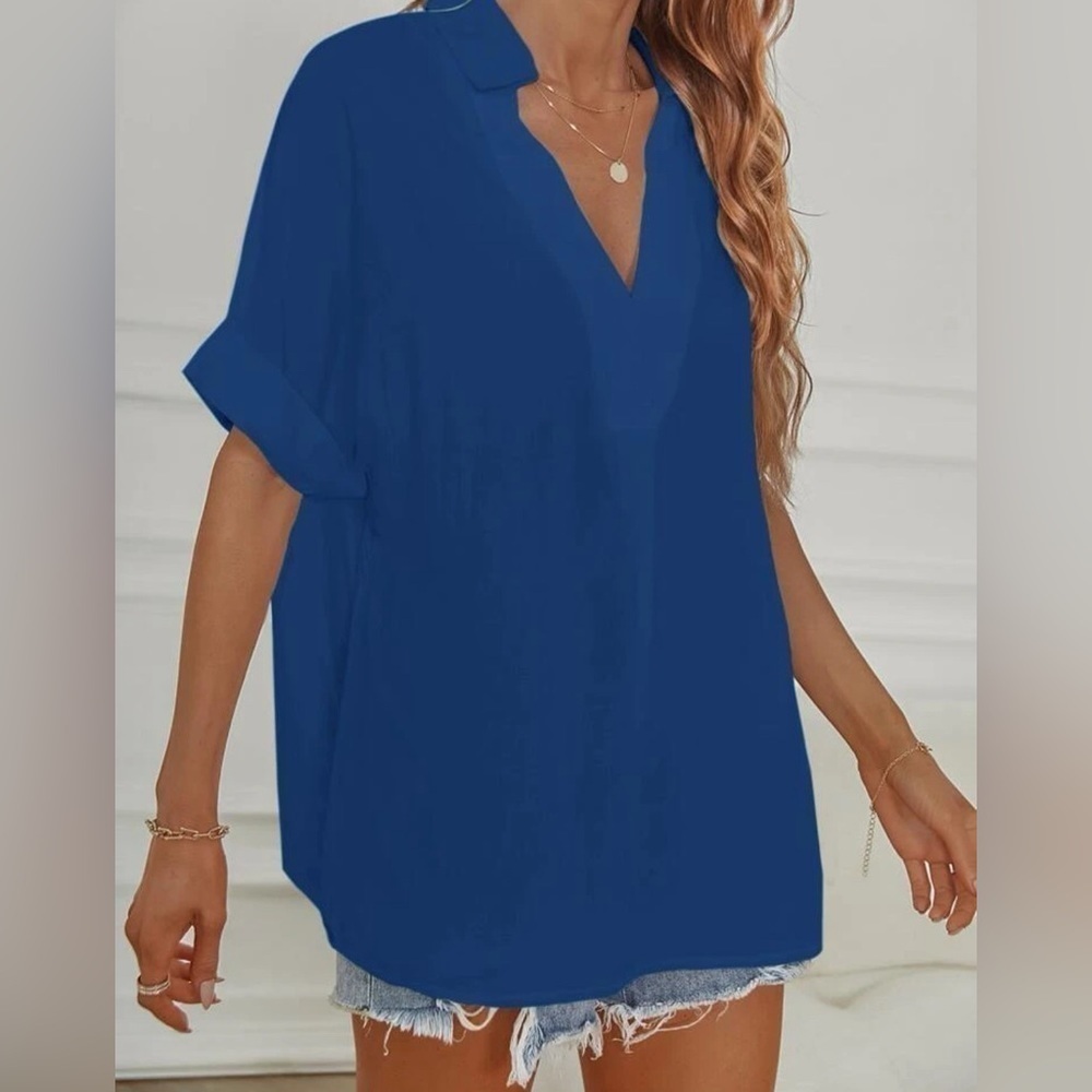 SHEIN✨ Women’s Notched Neck Batwing Sleeve Oversized Blouse 👚💙 Size Small - Picture 5 of 11